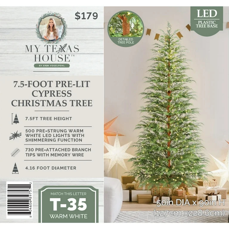My Texas House 7.5ft Pre-lit Twinkle LED Cypress Artificial Christmas Tree, 500 LED, Green | Walmart (US)