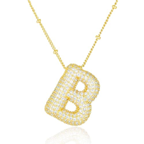 Pwiuor 14k Gold Balloon B Initial Pendant Necklace Bubble Letter Name Necklace Dainty Zirconia Alphabet Necklace Birthday Jewelry Gifts for Women | Amazon (US)