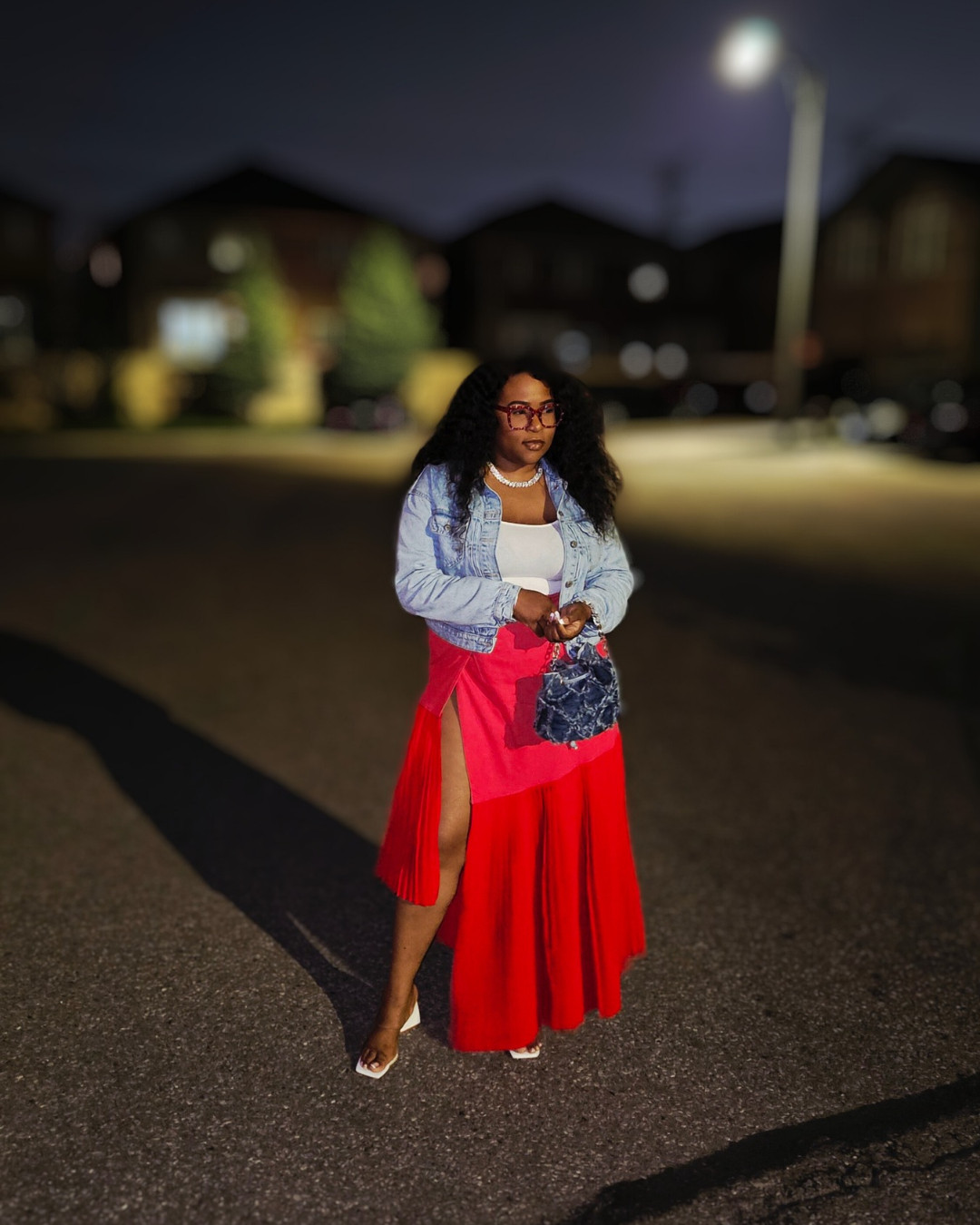 Midsize Fashion Outfit. Red combination pleated skirt, white fitted tank, light blue denim jacket, with white block heel sandal. Accessorized with Cuban link chain, pandora bracelet and  red studded glasses. 1b Wet and wavy human hair wig combed out. 

 #LTKMidsize #LTKParties #LTKStyleTip