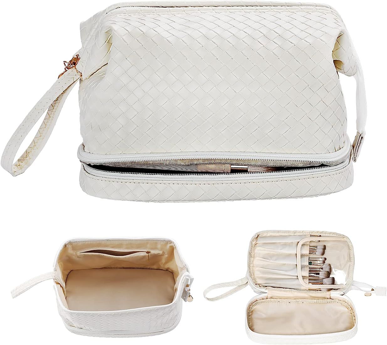TrueLux Woven Leather Double Layer Makeup Bag with Brush Organizer(White),Large Capacity PU Leath... | Amazon (US)