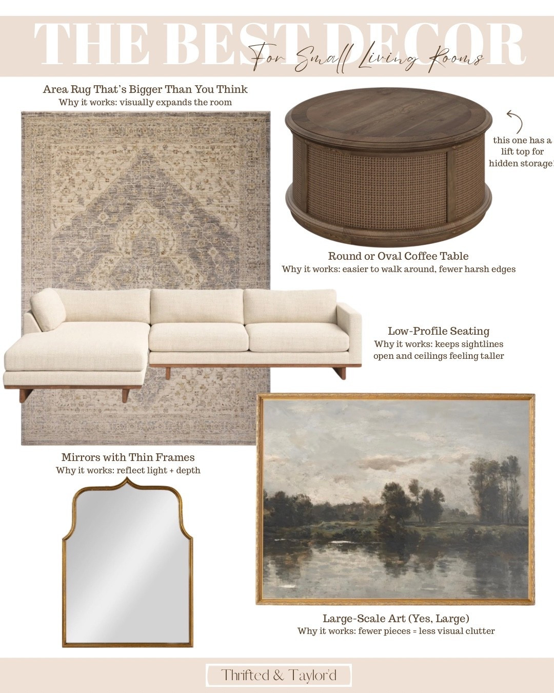 Small living rooms can be tricky, but the right decor choices truly change everything. These are the pieces I always reach for when a space feels tight or unfinished—items that keep sightlines open, add function without bulk, and help the room feel calm instead of crowded.
Think rugs that are bigger than you expect, round coffee tables that are easy to move around, low-profile seating that doesn’t block the view, mirrors that reflect light, and large-scale art that replaces lots of little cluttered pieces. These are simple, timeless choices that work hard behind the scenes and make a small living room feel more open and pulled together.
You can shop all of the decor from this small living room guide below.