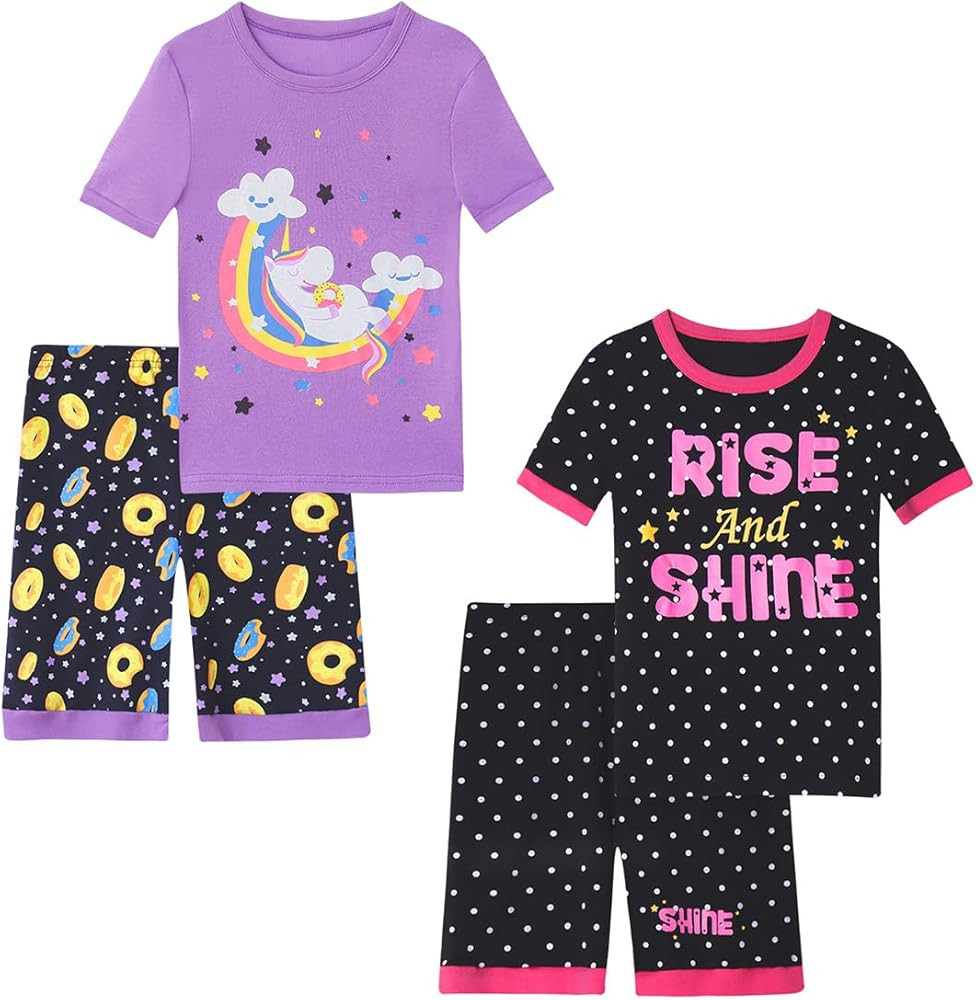Vopawetty Girls 4-Piece Summer Pajamas Cotton Short Pjs Set Kids Sleepwear | Amazon (US)