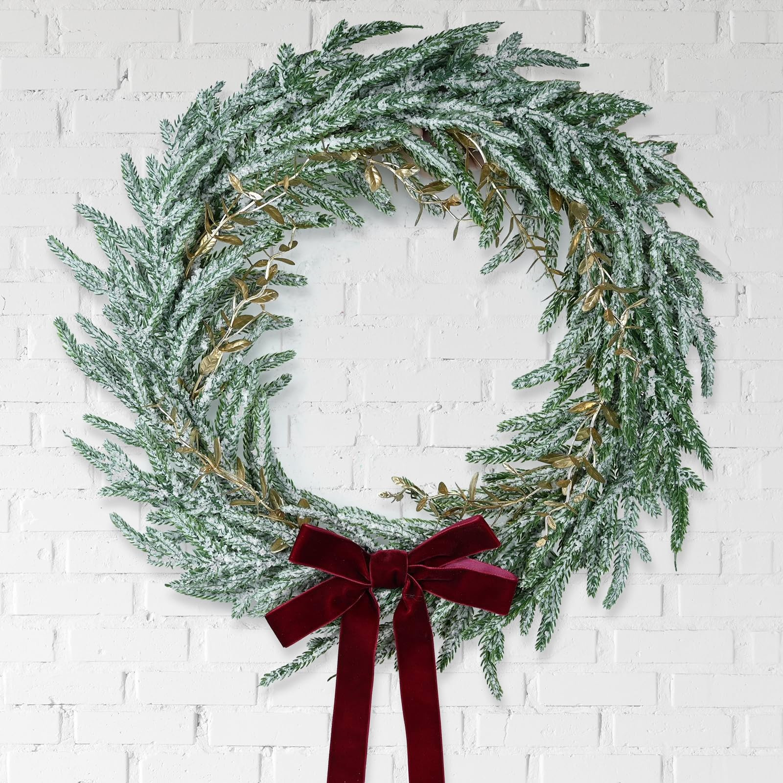 Vintage 17 inch Christmas Norfolk Pine Wreath,Real Touch Christmas Flocked Wreath with Burgundy V... | Amazon (US)