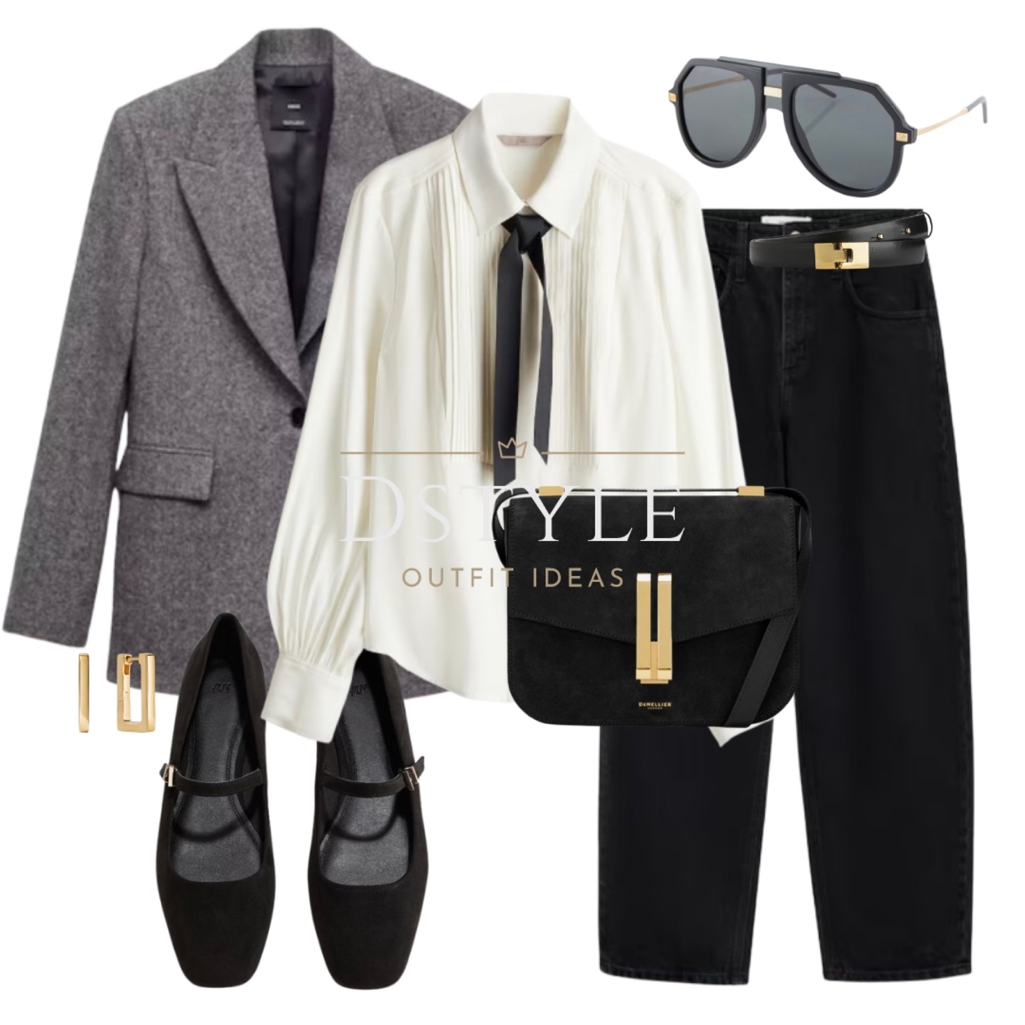 Flecked wool-blend blazer, white tuxedo style shirt, black balloon jeans, black suede bag, black Mary Jane ballet pumps, flat shoes, aviator sunglasses

#LTKWorkwear #LTKStyleTip #LTKShoeCrush