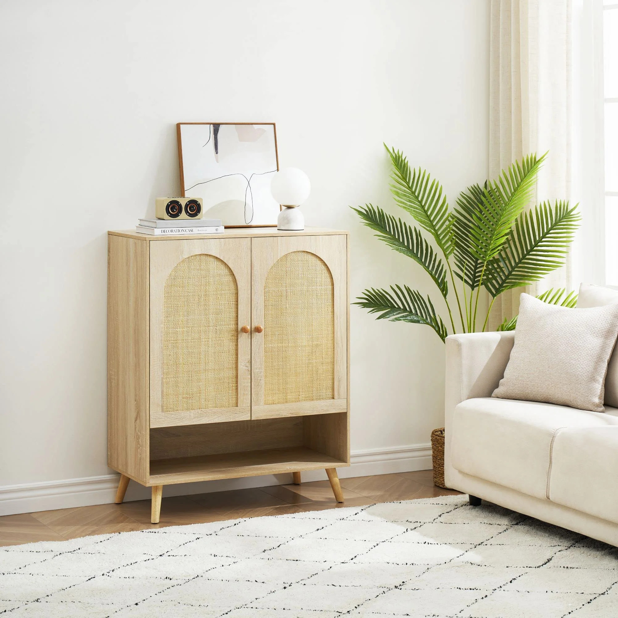 Natural Rattan Decoratedb 2 Doors Sideboard Buffet Cabinet, Rattan Storage Cabinet with 4-Tier Ad... | Walmart (US)