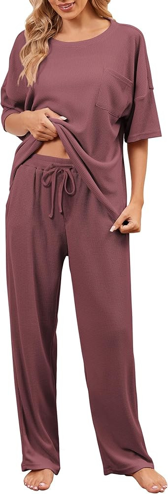 JiniGolla Womens Pajama Sets Waffle Knit Short Sleeve Shirt with Long Pajama Pants Soft Sleepwear... | Amazon (US)