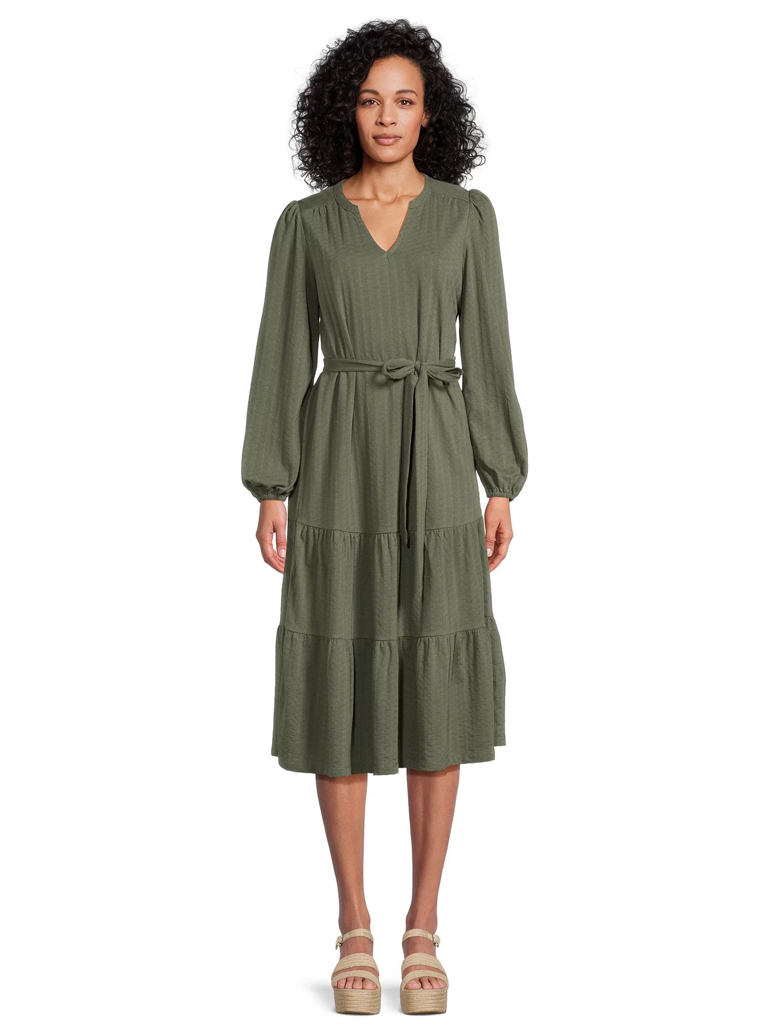 Time and Tru Women's Long Sleeve Textured Midi Dress | Walmart (US)