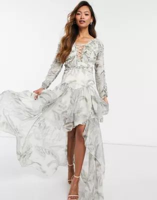 ASOS DESIGN ruched chiffon printed maxi dress with satin lace up detail | ASOS (Global)