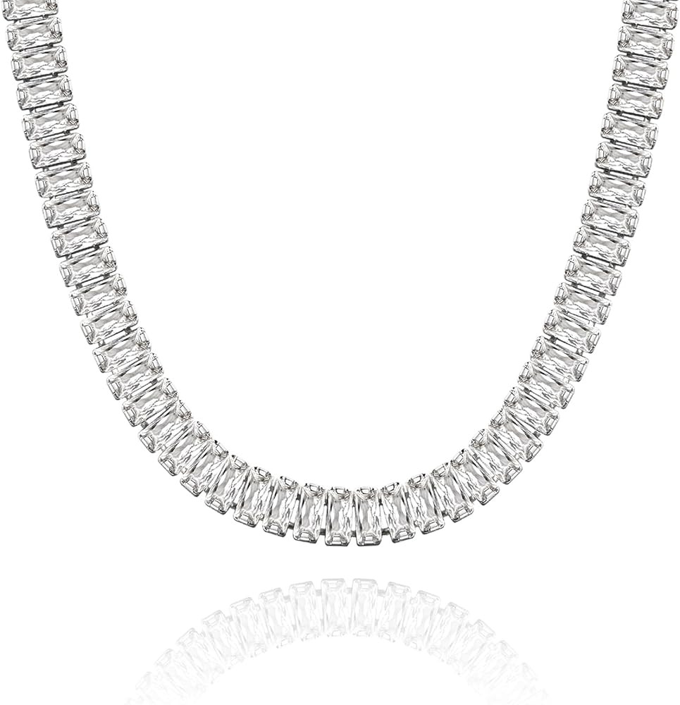 KissYan Diamond Tennis Necklace for Women, 14K/White Gold Plated Cubic Zirconia Baguette Tennis C... | Amazon (US)