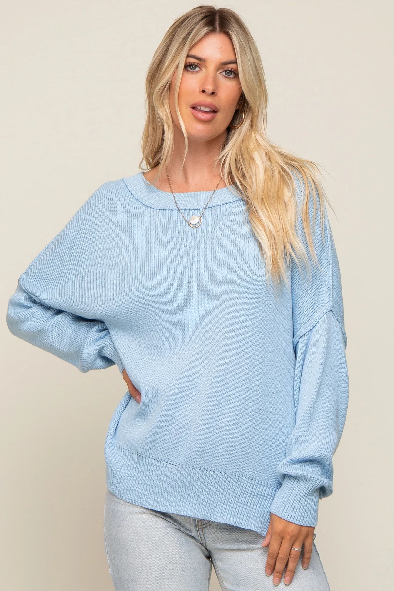 Light Blue Exposed Seam Side Slit Sweater | PinkBlush Maternity