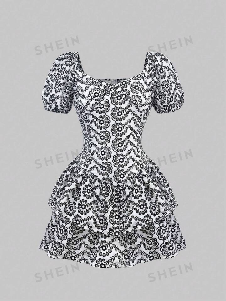 SHEIN MOD Allover Print Puff Sleeve Ruffle Hem Dress | SHEIN