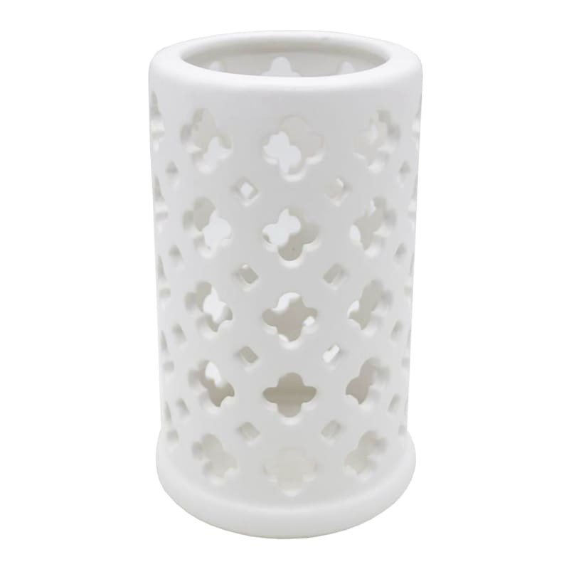 White Ceramic Cutout Cylinder Candle Holder, 6" | At Home