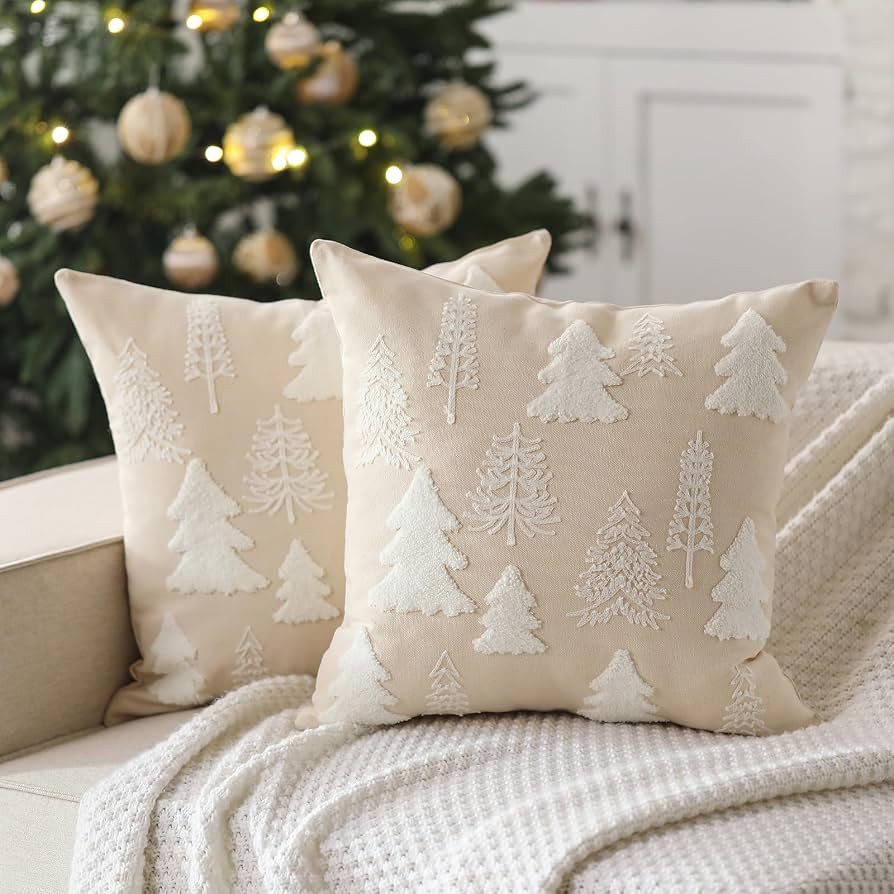 VitalCozy Christmas Tree Embroidered Pillow Covers Set of 2 18 x 18 Inch Cream White Christmas De... | Amazon (US)