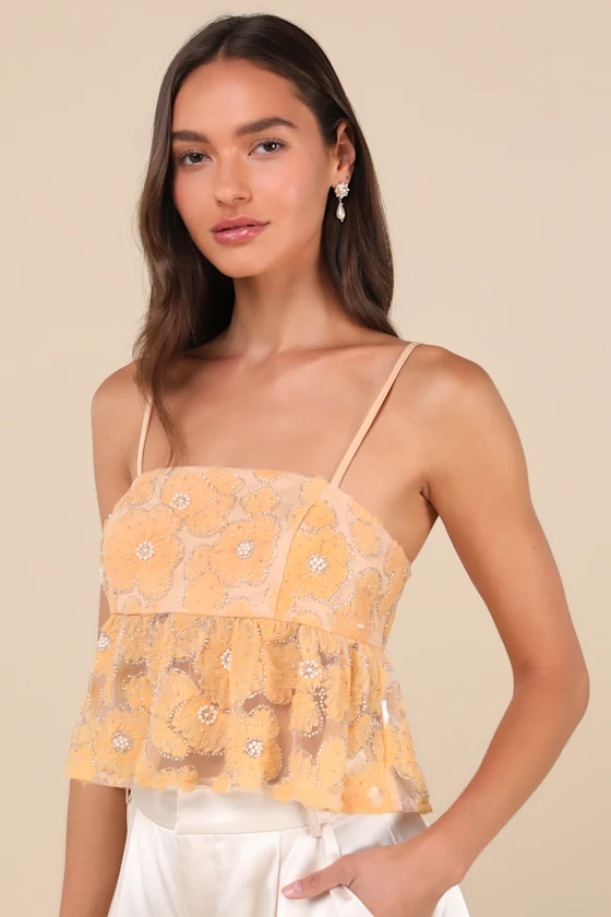 Ideal Attitude Yellow Applique Beaded Floral Cropped Tank Top | Lulus