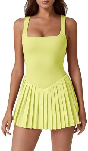 QINSEN Womens Square Neck Tennis Dress Pleated Sleeveless Built in Shorts Golf Athletic Dress wit... | Amazon (US)