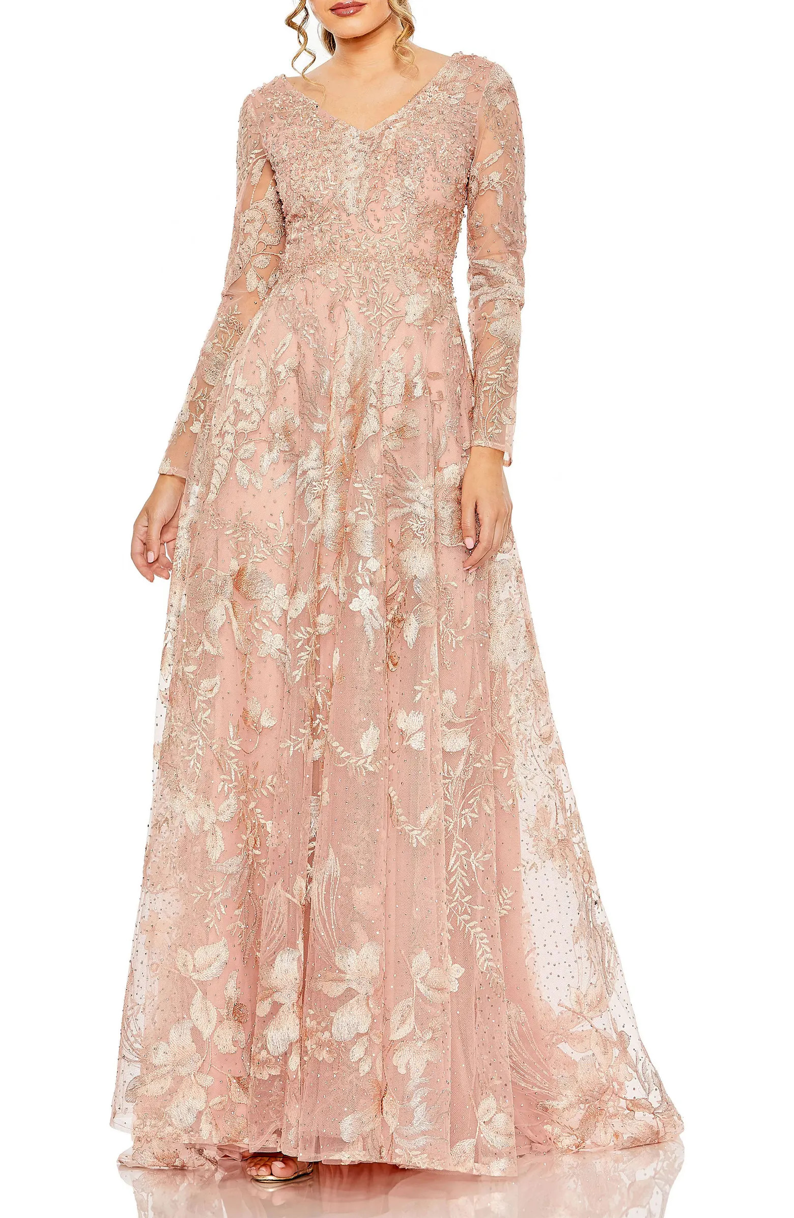 Embellished Long Sleeve V Neck A Line Gown | Nordstrom