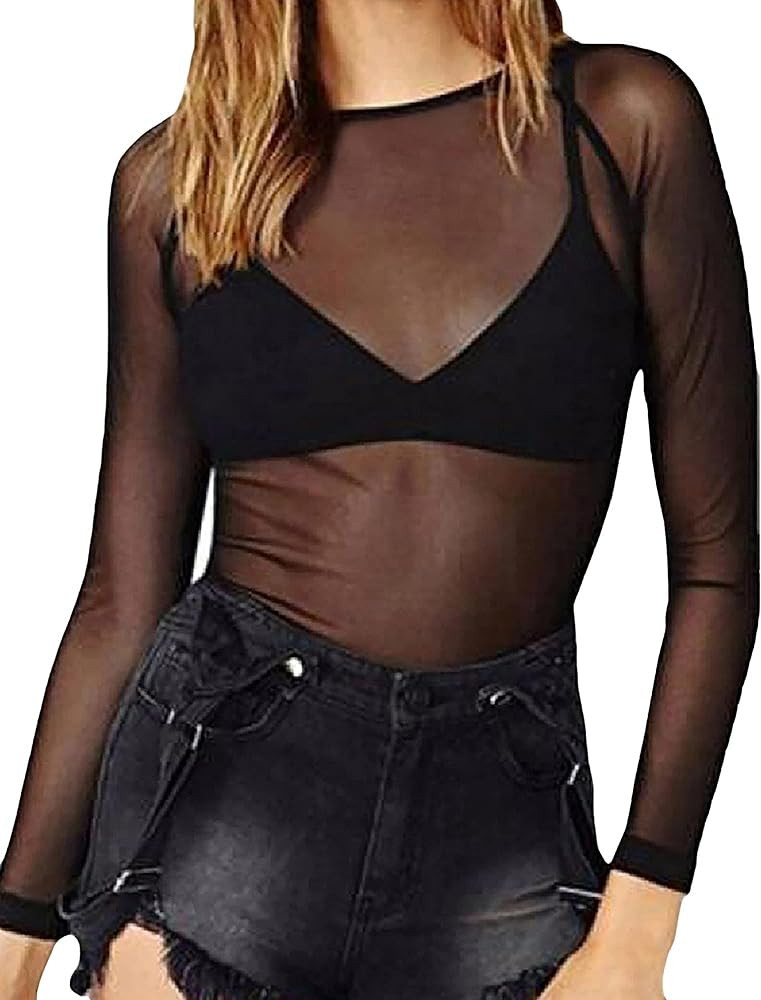 Women's Short Sleeve Long Sleeve Bodycon Clubwear Sheer Pure Mesh Tops T Shirts | Amazon (US)
