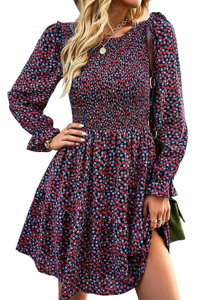 KIRUNDO Long Sleeve Dress for Women 2025 Summer Fall Wedding Guest Smocked Floral Crewneck Ruffle... | Amazon (US)