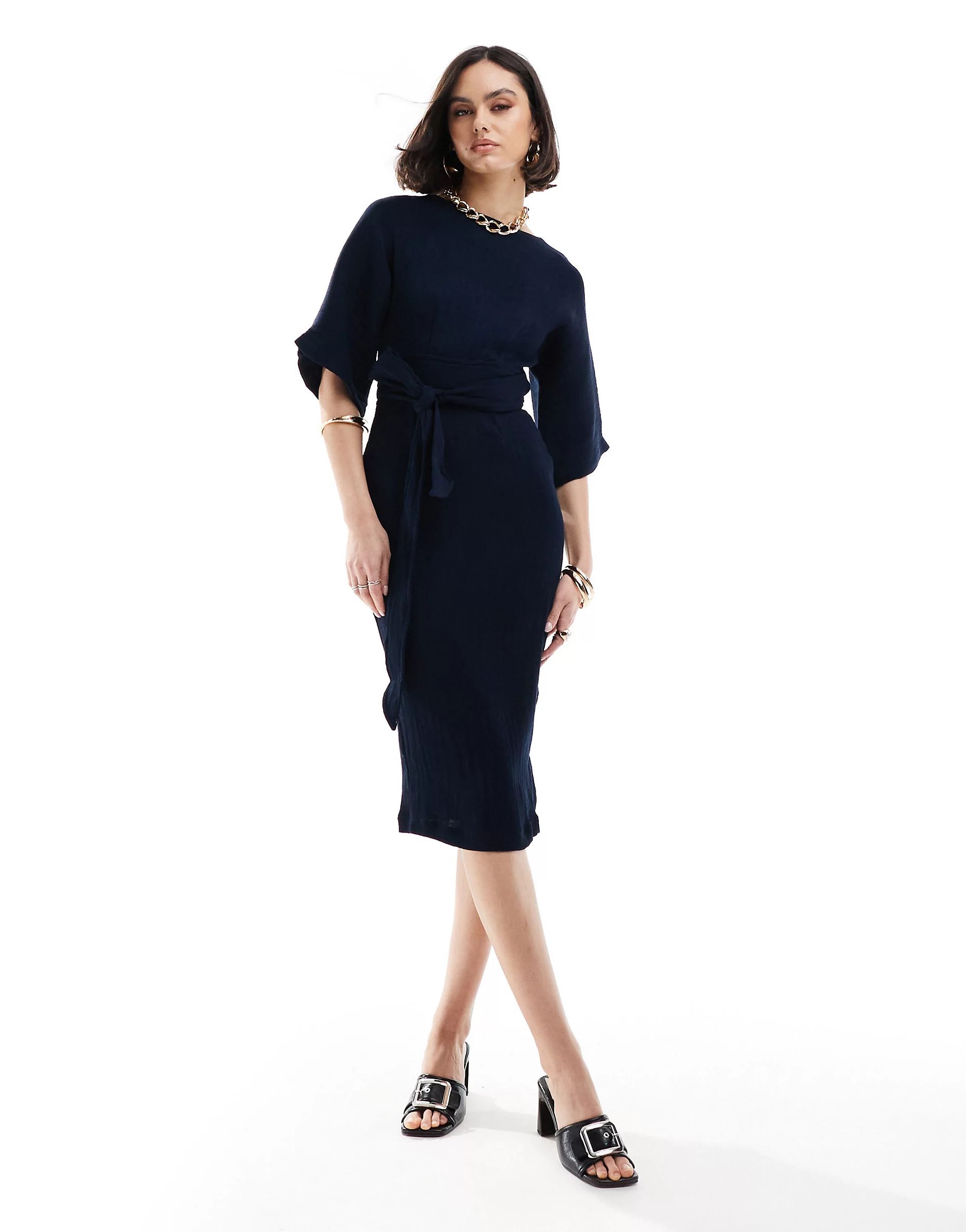 Closet London ribbed pencil dress with tie belt in navy | ASOS (Global)
