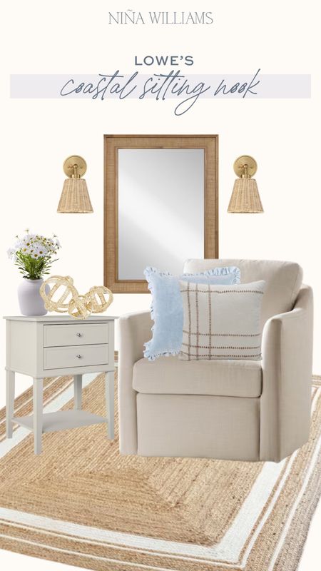#ad coastal reading book - products from @lowes - accent chair - woven mirror - living room decor and inspo - rattan brass sconce - side table - light blue pillow - jute white rug #lowespartner 

#LTKstyletip #LTKhome