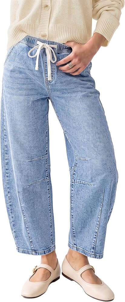 GRAPENT Barrel Jeans Women High Rise Pull On Elastic Waist Crop Denim Pants | Amazon (US)
