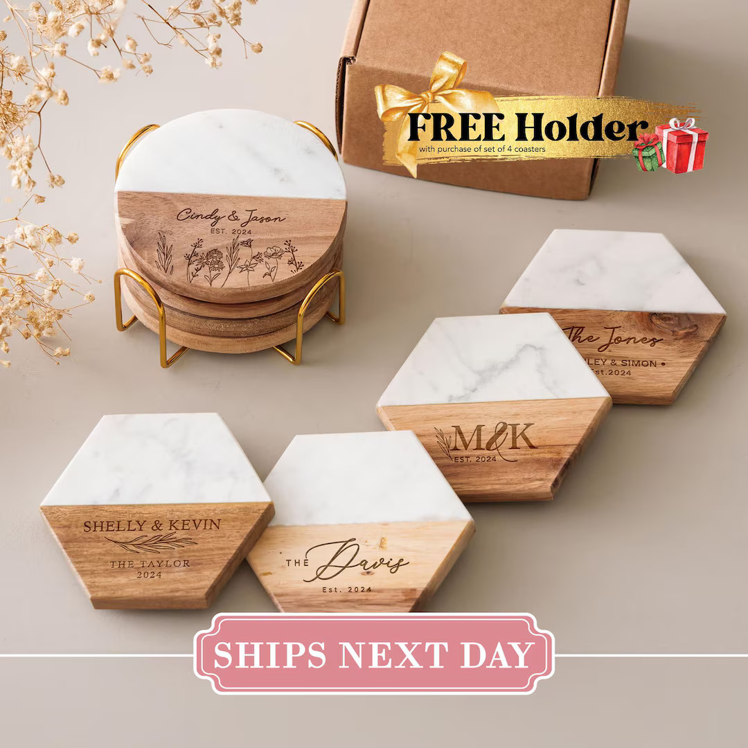 Custom Coasters Set of 4, Personalized Gifts for Her, Wedding Gift, Coaster Marble Wood, Engageme... | Etsy (US)