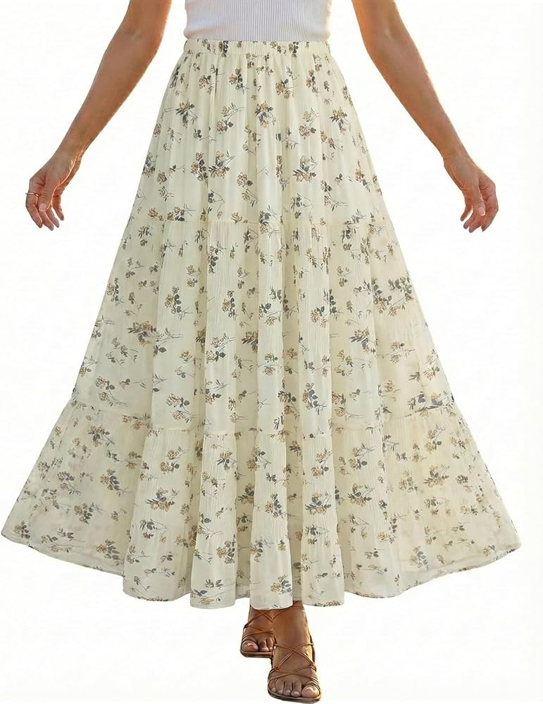 Chiffon Pleated Maxi Skirt for Women Elastic High Waisted Flowy Long Skirts with Lining Boho A-Li... | Amazon (US)