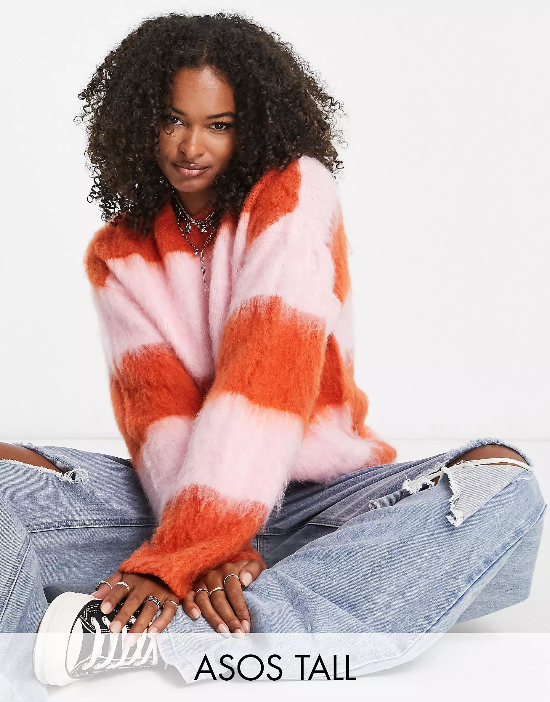 ASOS DESIGN Tall stripe sweater in brushed yarn in pink and orange | ASOS (Global)