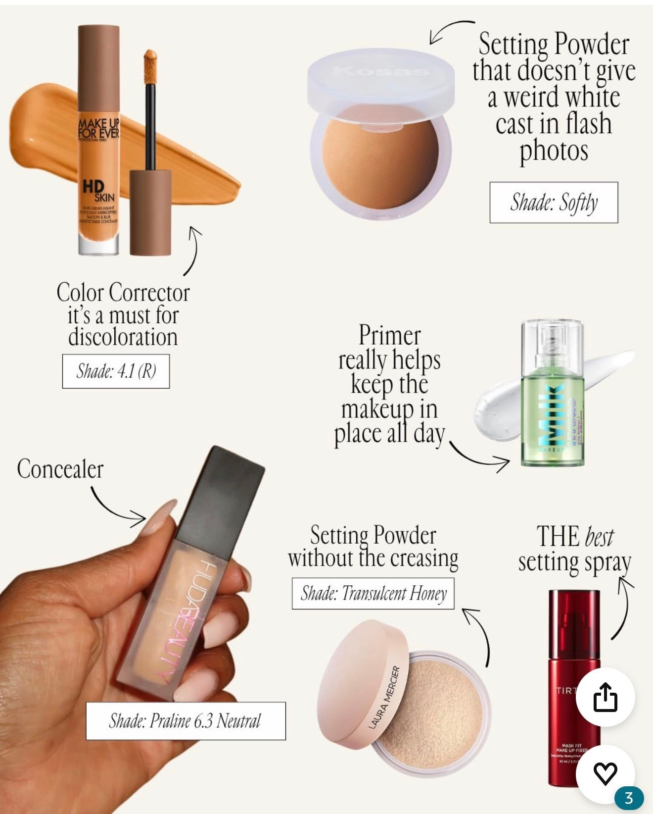 ✨ Flawless Base Breakdown — Makeup Routine That Lasts

These are my go-to complexion staples for a smooth, long-wear base with no flashback and zero creasing.

• Color corrector to neutralize discoloration  
• Hydrating primer to lock everything in place  
• Concealer for brightening + coverage  
• Setting powder that doesn’t leave a white cast (flash-safe ✔️)  
• Crease-proof powder for under eyes  
• The BEST setting spray to seal it all day

This combo keeps makeup flawless in real life and on camera — especially for events, photos, and long days.

Tap to shop all the exact products used.

Follow me on Instagram and YouTube @kirasfashionfinds