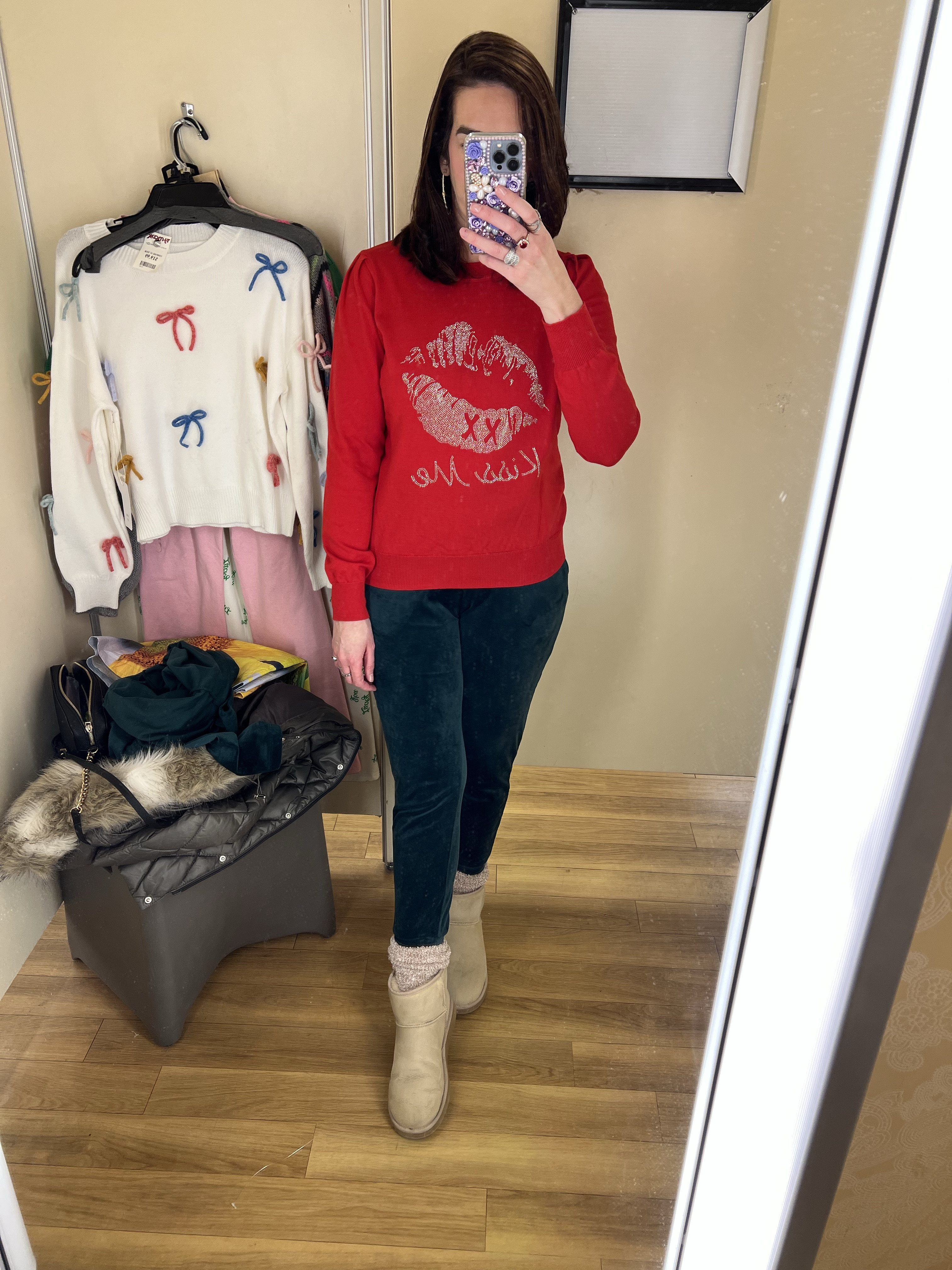 Kiss me embellished red sweater (small). Green velour pants (small). Uggs mini (9). #sweater #sweaters #redsweater #pants #velvetpants #velourpants #greenpants #uggs #uggsmini Valentine’s Day Outfit 

#LTKFindsUnder100 #LTKStyleTip #LTKSeasonal