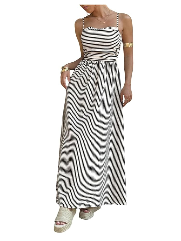 SOLY HUX Women's Striped Maxi Dress Spaghetti Strap Ruched A Line Flowy Long Dresses | Amazon (US)