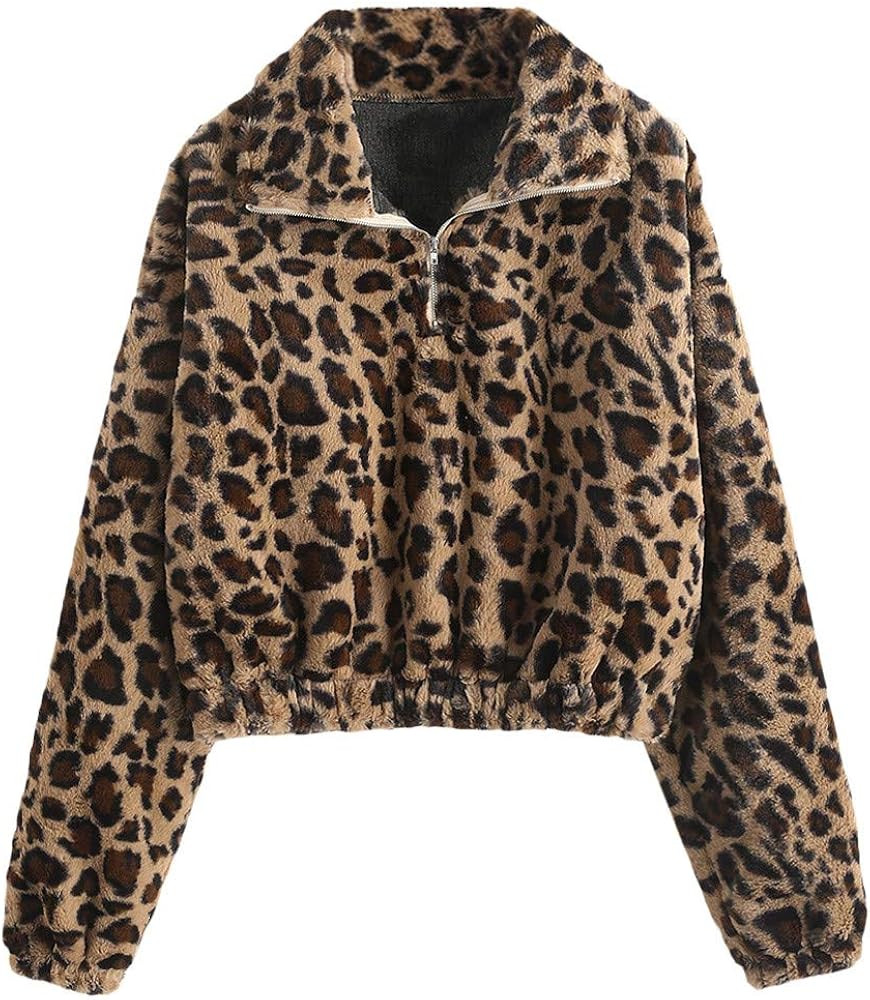 Women's Fashion Long Sleeve Lapel Half Zip Plain Faux Fur Sweatshirt Solid Color Crop Pullover To... | Amazon (US)