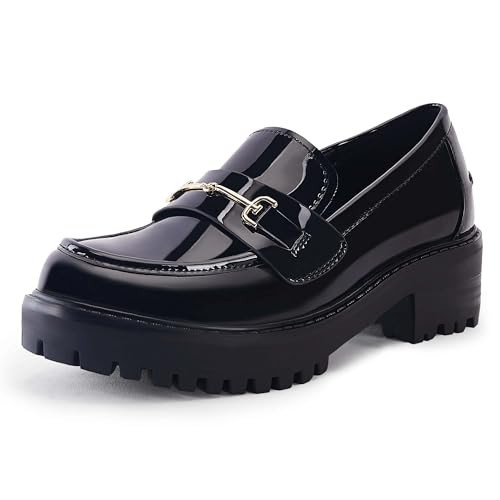 Womens Lug Sole Platform Mid Chunky Heel Loafers Classic Round Toe Slip On Office Uniform Oxfords Shoes with Metal Chain,Black, Size 5.5 | Amazon (US)