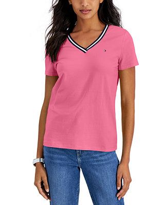 Tommy Hilfiger Women's Striped V-Neck Short-Sleeve T-Shirt - Macy's | Macy's