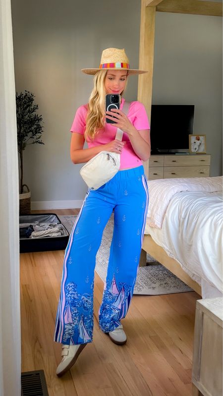 Summer travel outfit airport outfits lilly pulitzer pants pink tee pink shirt white sneakers belt bag lululemon panama hat 

#LTKStyleTip #LTKTravel #LTKFindsUnder100