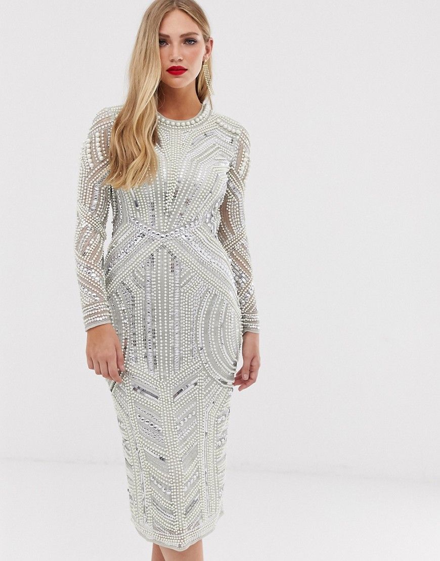 ASOS EDITION sequin and pearl midi bodycon dress with cut out back-Grey | ASOS (Global)