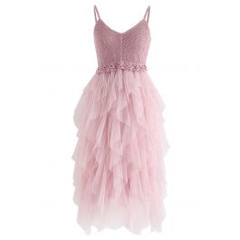 Knit Ruffled Mesh Cami Dress in Dusty Pink | Chicwish