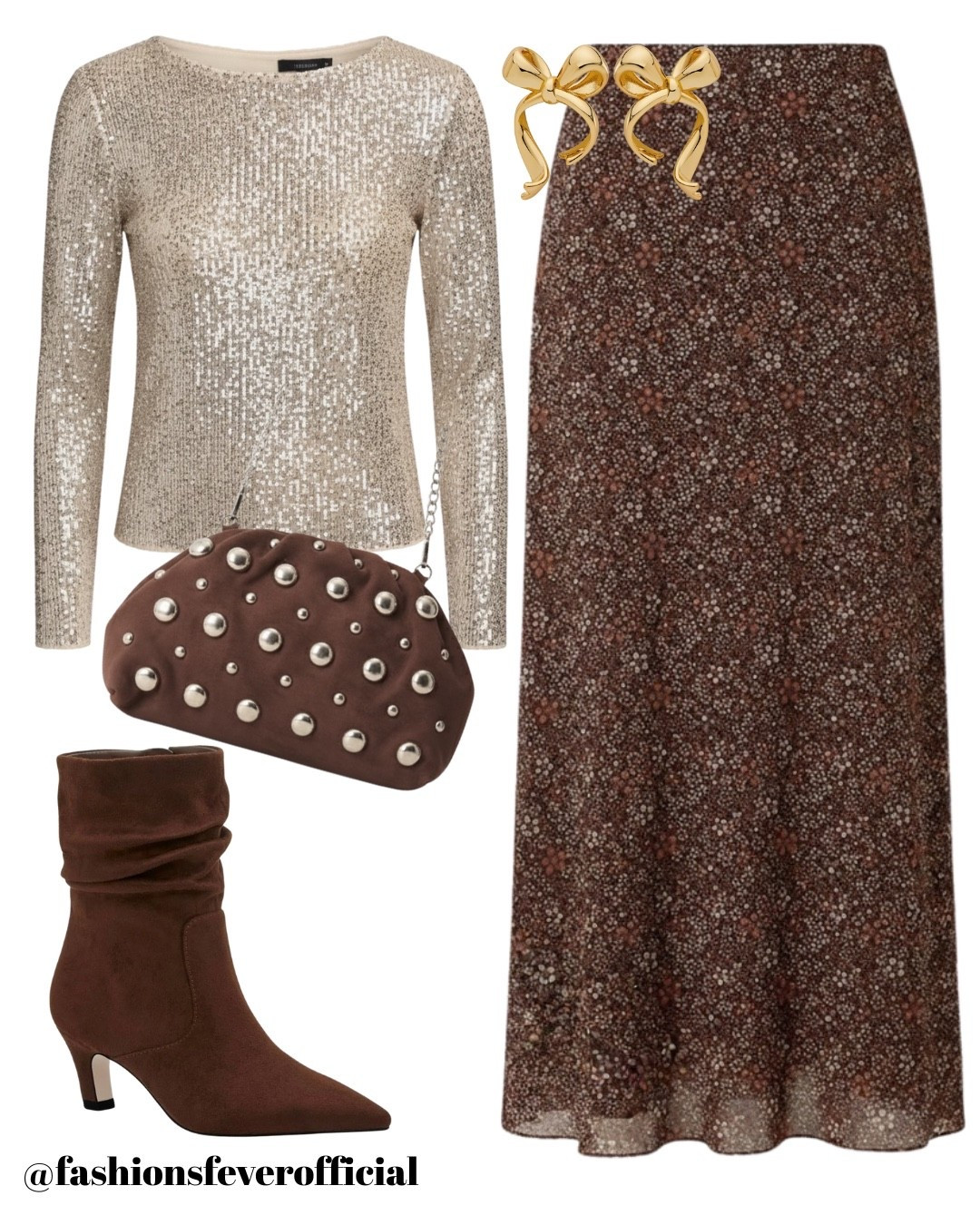 Holiday Outfit - NYE 2025! Celebrate New Year’s Eve with this gold sequin top paired with a printed chocolate brown skirt. To balance the look perfectly, I’ve added a chocolate brown bag and chocolate brown suede boots. This look is apt for New Year’s parties, dinners etc that require glitz and glam party outfits. 

#LTKNye #LTKFashion #LTKStyletip

#LTKHoliday #LTKSeasonal