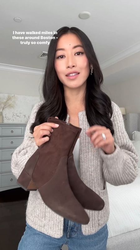 Updated Dec 3rd with all the places that this style boot is still in stock at!

• Gentle Souls ankle booties 5.5. Size up if between sizes. I’m usually a 5 to 5.5 and needed the bigger size. These are so comfy and good quality. 

Note: The Everly, Emily and Ella style are all super similar. i tried all 3 , and over time, ended up buying one of each style (chocolate, black, and mushroom ) bc they’re that comfortable and practical for me 

• Levi wedgie straight size 24 x 26 length. This length is awesome for petites 

•Wit & Wisdom Nordstrom cardigan xs (loose fit) I have the sleeves cuffed up 

•nadri crawler earrings . These are lovely - sparkly and super lightweight and comfortable. 

Cozy thanksgiving outfit , petite suede ankle boots Black Friday sale #LTKCyberWeek 

#LTKHoliday #LTKSeasonal