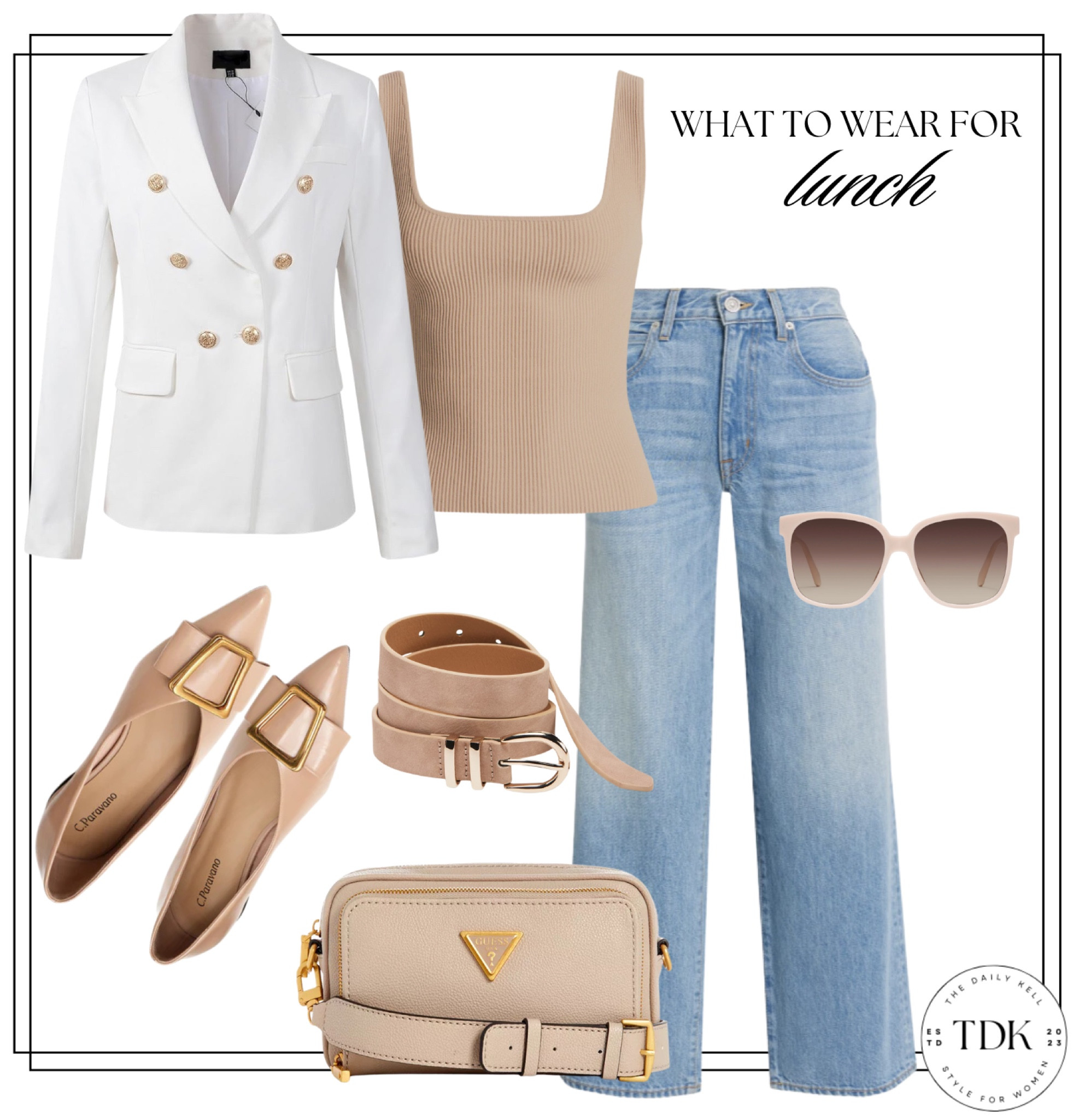 For a modern but classic lunch outfit, pair your usual denim and tank with a white blazer for that crisp look.

Pair with neutral accessories to create a sophisticated and posh vibe.  

#LTKOver40 #LTKStyleTip #LTKFindsUnder100