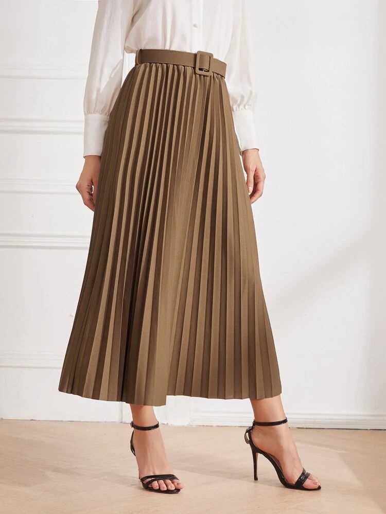 Solid Belted Pleated Skirt | SHEIN