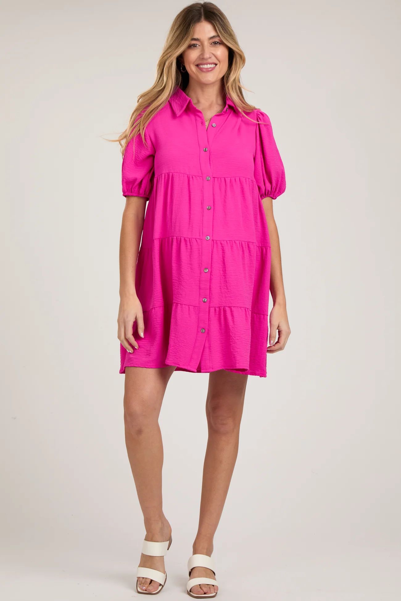 Fuchsia Button Front Tiered Collared Maternity Dress | PinkBlush Maternity