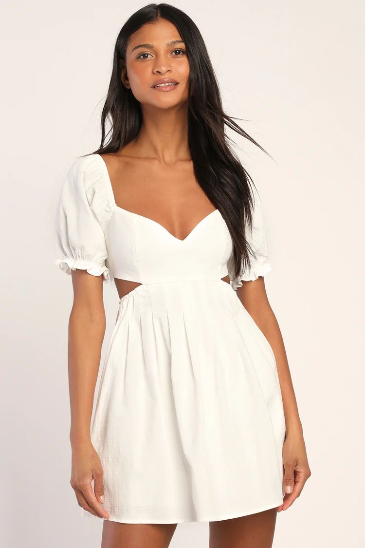 Love the Feeling White Puff Sleeve Lace-Up Cutout Mini Dress | Lulus