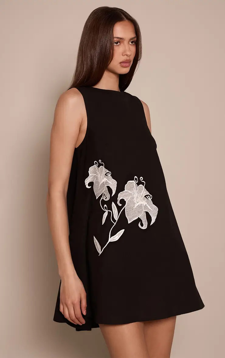Black Linen Look Embriodered Boat Neck Sleeveless Shift Dress | PrettyLittleThing UK