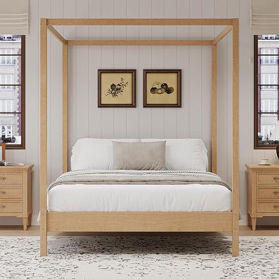 Merax Queen Size Canopy Bed with Four Posters, Wooden Platform Bed Frame & 8.3" Storage Space Und... | Amazon (US)