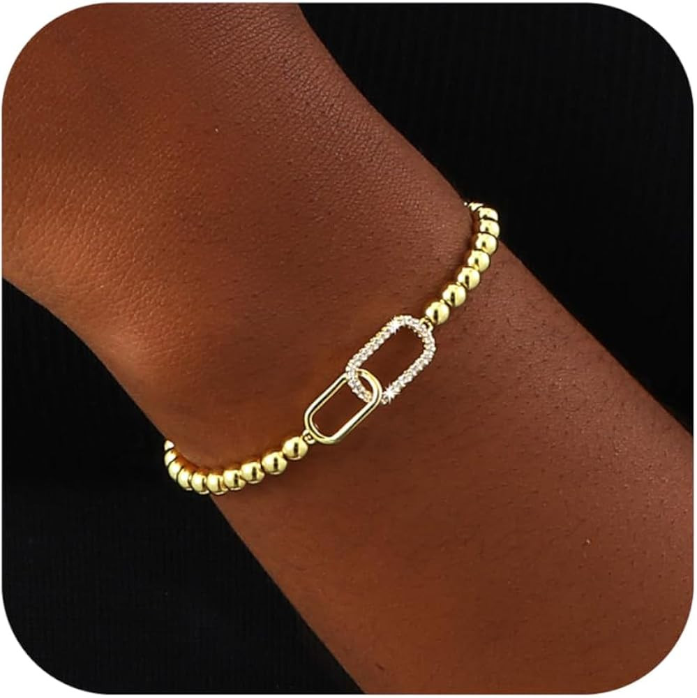 Gold Bracelets for Women 14K Gold Plated Beaded Bracelets Gold Stretch Bead Bracelet Handmade Bal... | Amazon (US)