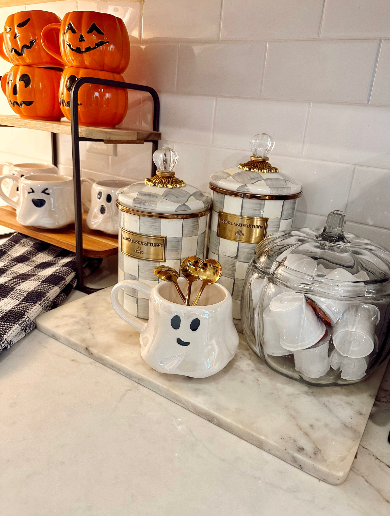 Halloween coffee bar idea with these cute mugs from Walmart! Style them on this 2-tiered shelf and then add canisters (love these Mackenzie Childs ones-I use year round!), a glass pumpkin to hold coffee pods and a hand towel! 

#LTKSeasonal #LTKHome #LTKFindsUnder50