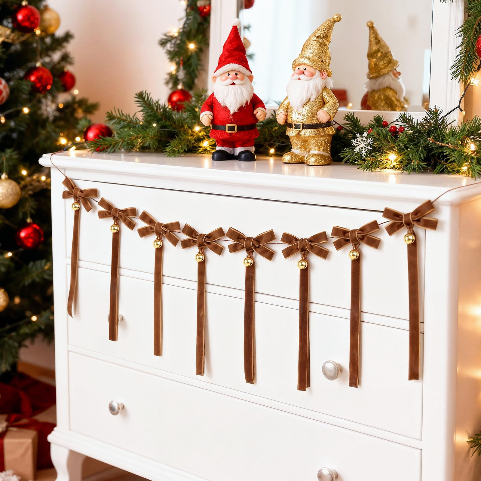 Christmas Velvet Bow Garland Banner with Bells, Brown Velvet Ribbon Christmas Bow Jingle Bell Gar... | Amazon (US)