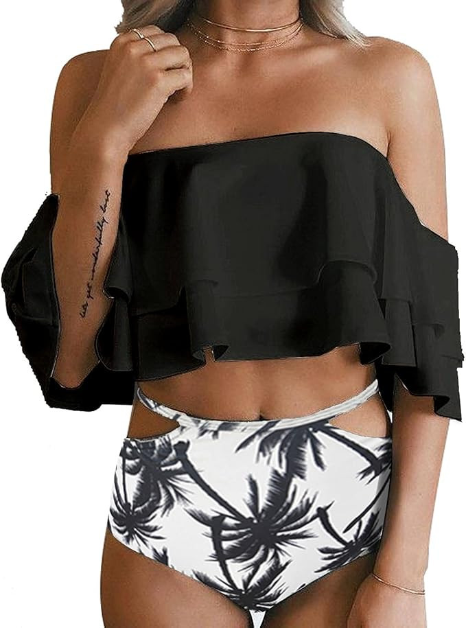 Tempt Me Women Two Piece Swimsuit High Waisted Off Shoulder Ruffled Bikini Set | Amazon (US)