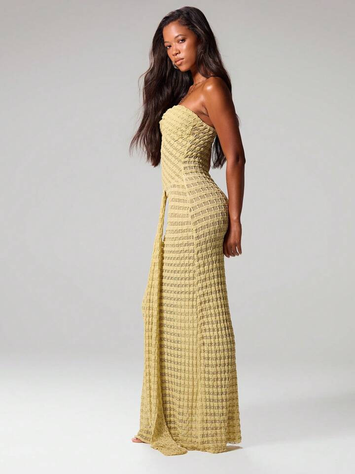 MUSERA Twist Front Textured Drape Front Bandeau Sweetheart Neckline Sleeveless Fitted Maxi Dress ... | SHEIN